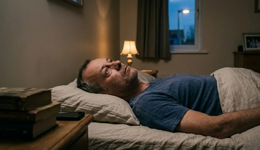 A man lying awake in bed at night, looking worried.