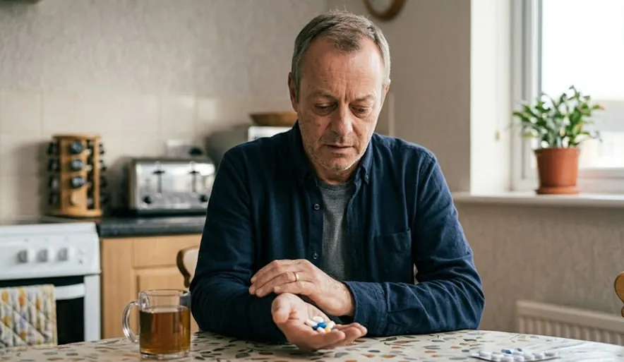 A man sitting at a table and looking at pills in his hand.